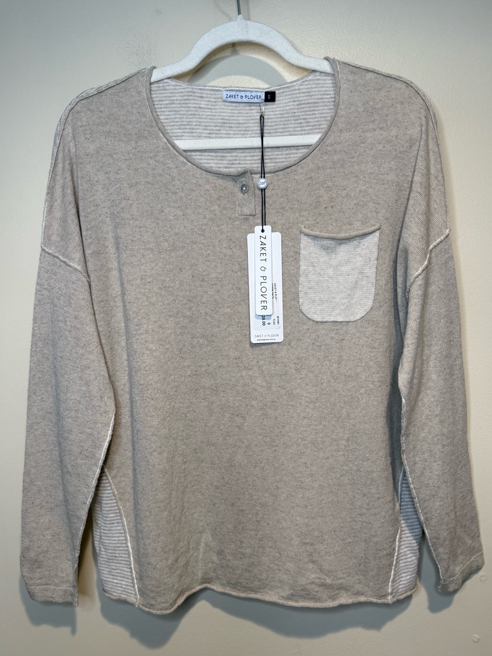 NEW ZAKET & PLOVER stripe back henley sweater top in flax linen blend